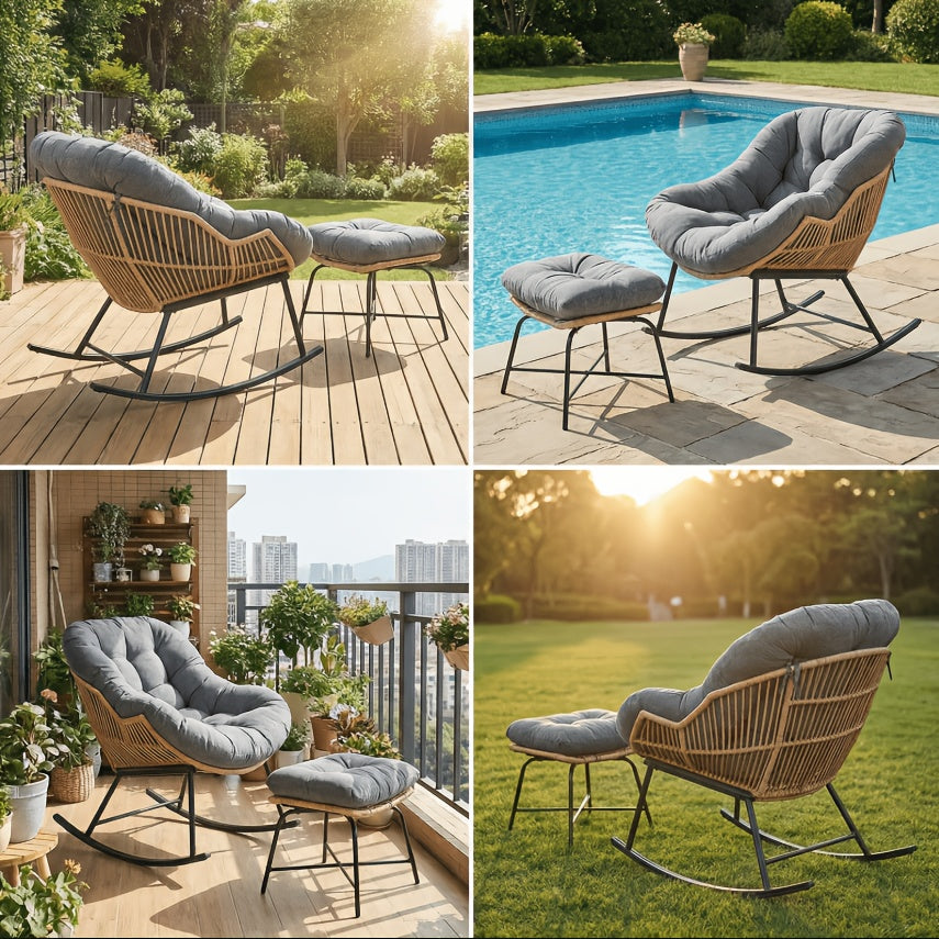 Oversized Papasan Rocking Chair with Footstool, Outdoor Patio Cushioned Lounge Chair for Decks, Gardens, Patios, And Camping. Outdoor Patio Furniture. Chair Supports 400 Lbs, Footstool Supports 220 Lbs. Outdoor Patio Furniture