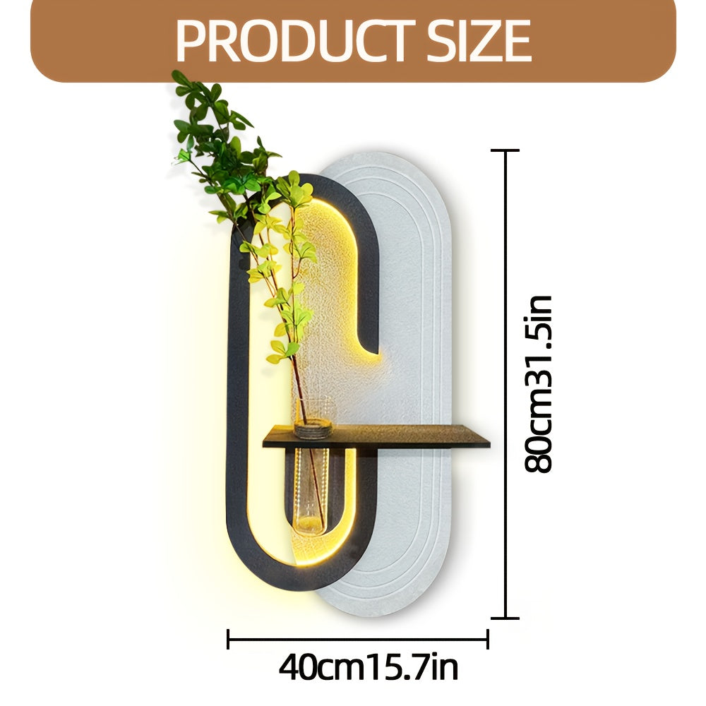 Hand-polished Textured LED Wall Art, Integrated with a Shelf and Vase | Exclusive Design Crafted Specifically for Art-modern Style Interior Design | Minimalist LED Wall Sculpture with a Floating Planter Shelf | Unique Geometric Decor That Elevates