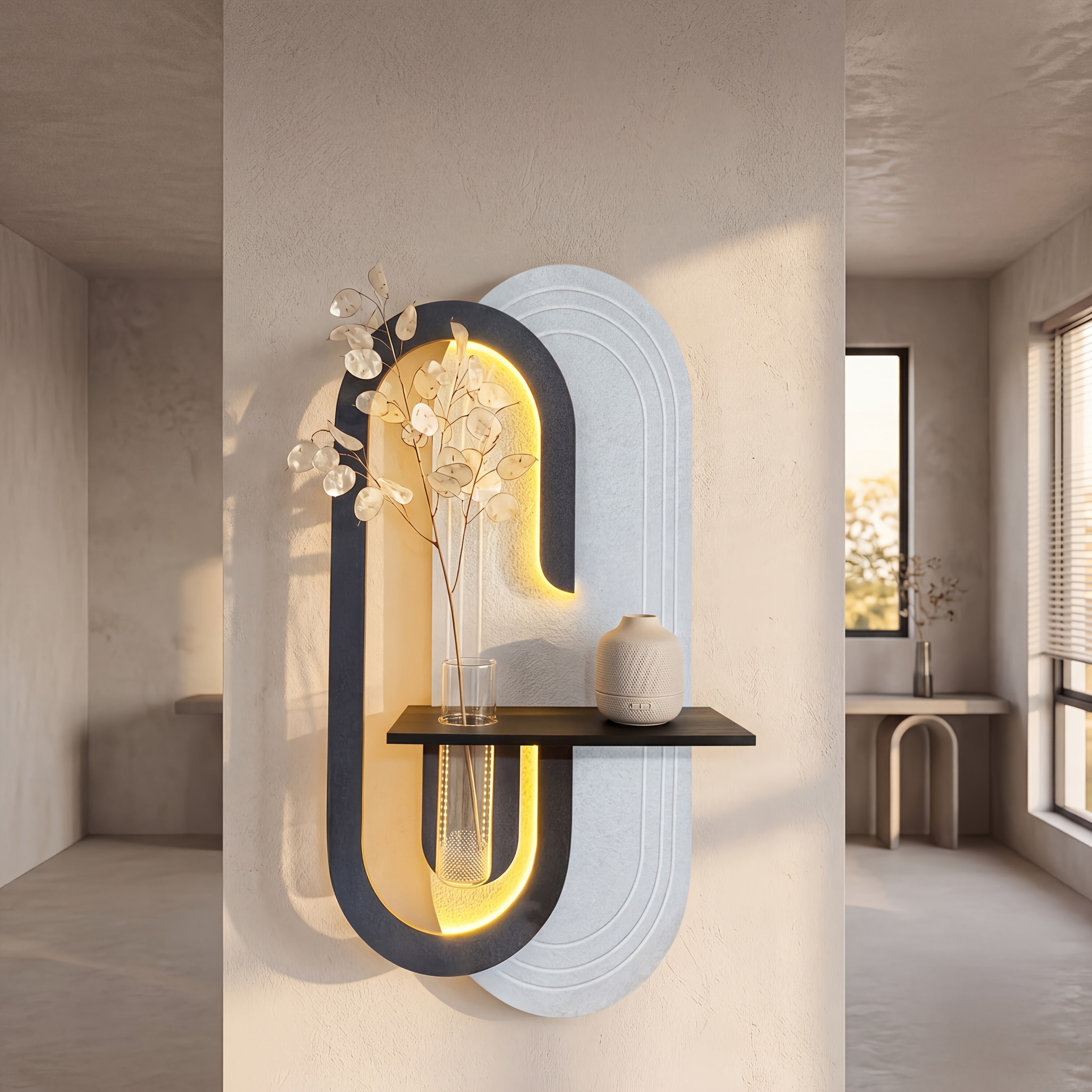 Hand-polished Textured LED Wall Art, Integrated with a Shelf and Vase | Exclusive Design Crafted Specifically for Art-modern Style Interior Design | Minimalist LED Wall Sculpture with a Floating Planter Shelf | Unique Geometric Decor That Elevates