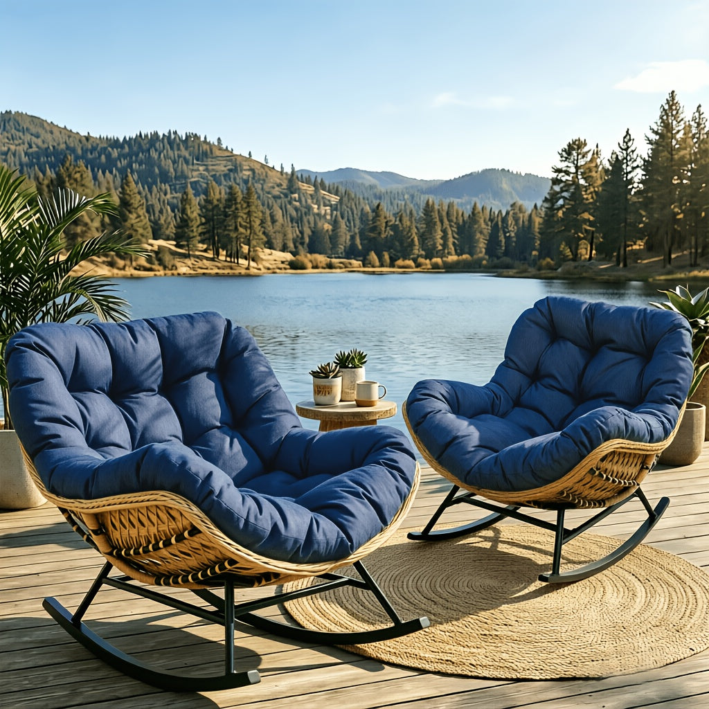 Papasan Full Rattan Rocking Chair with Sponge Cushion for Outdoor, Oversized Garden Patio Comfy Lounge Wicker Rocker Chair