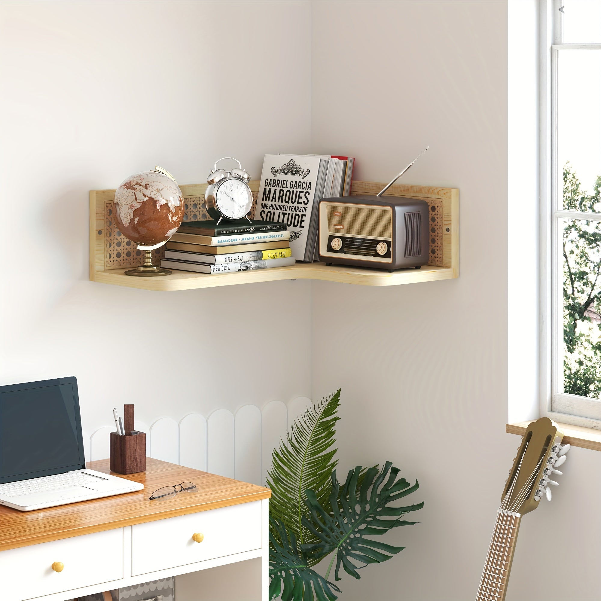 Corner Floating Shelves Made of Natural Pine Wood And Rattan, Perfect for a Bohemian-Style Bookshelf. This Wall-Mounted Wicker Corner Shelf Is Ideal for Your Bedroom, Bathroom, Or Living Room