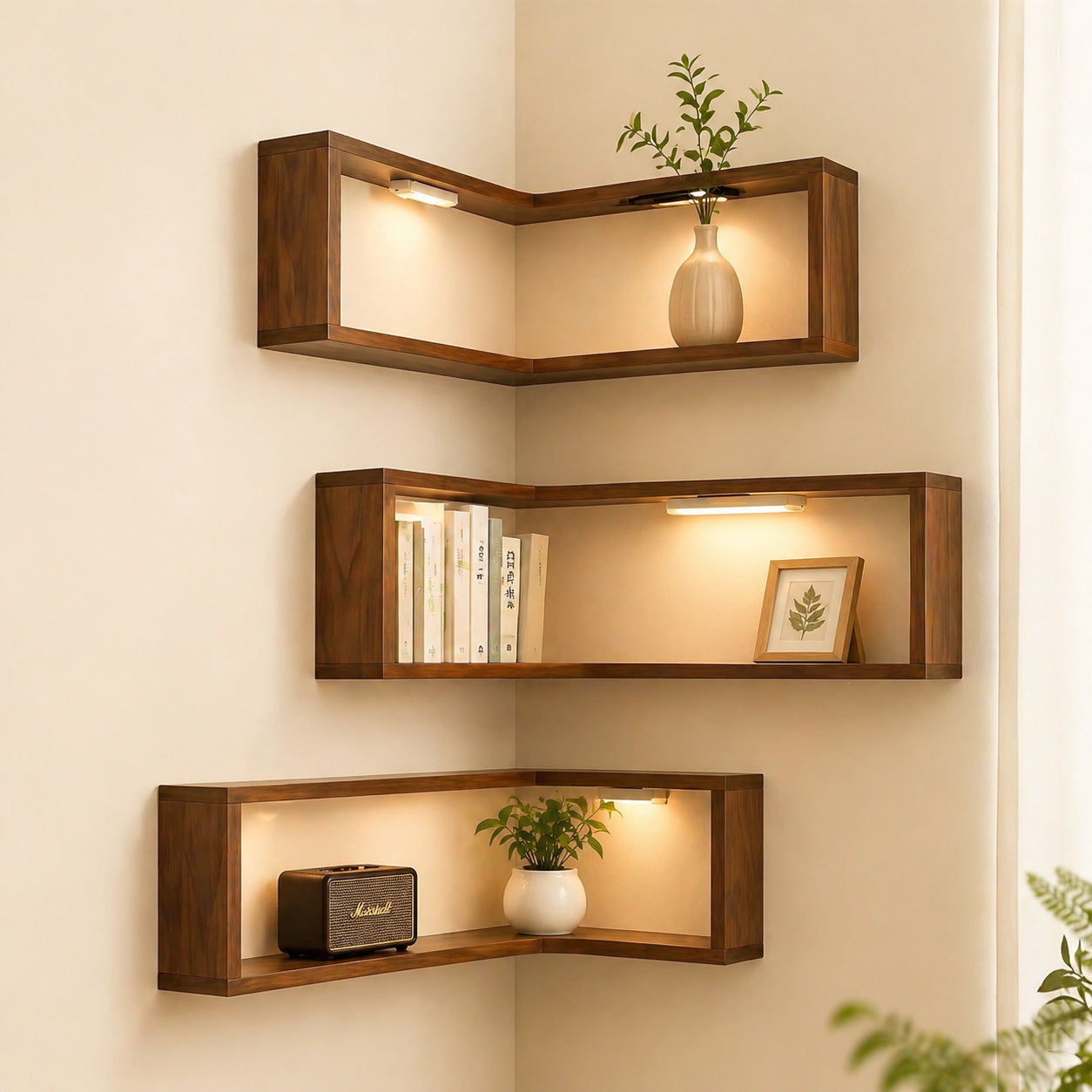 Corner Storage Rack, a Floating Storage Rack That Brightens Up The Corner of The Space, Wooden Wall-Mounted Corner Display Rack, Space-Saving Set, Available in Multiple Sizes (3pcs Set Or Single Piece Without Lights)