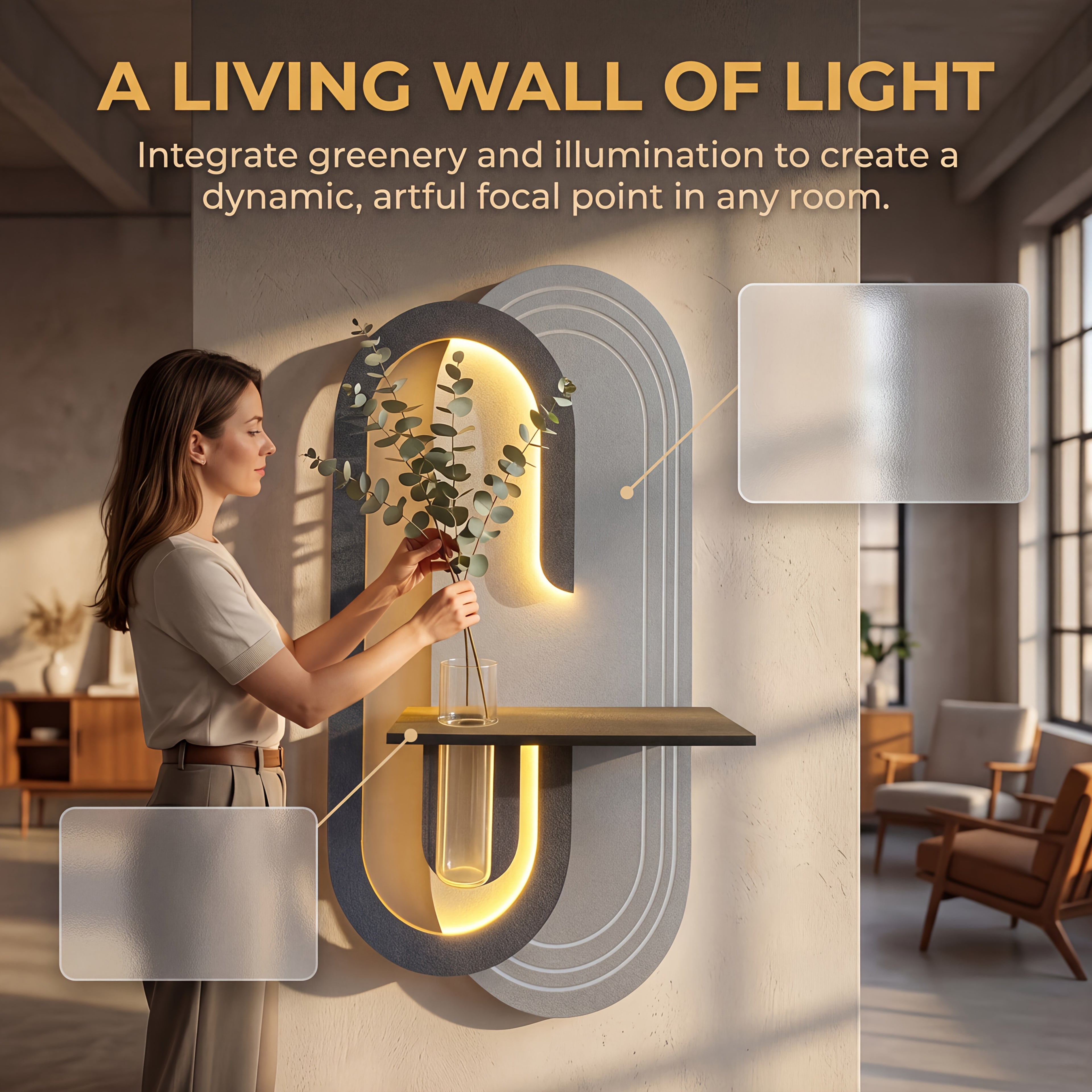 Hand-polished Textured LED Wall Art, Integrated with a Shelf and Vase | Exclusive Design Crafted Specifically for Art-modern Style Interior Design | Minimalist LED Wall Sculpture with a Floating Planter Shelf | Unique Geometric Decor That Elevates