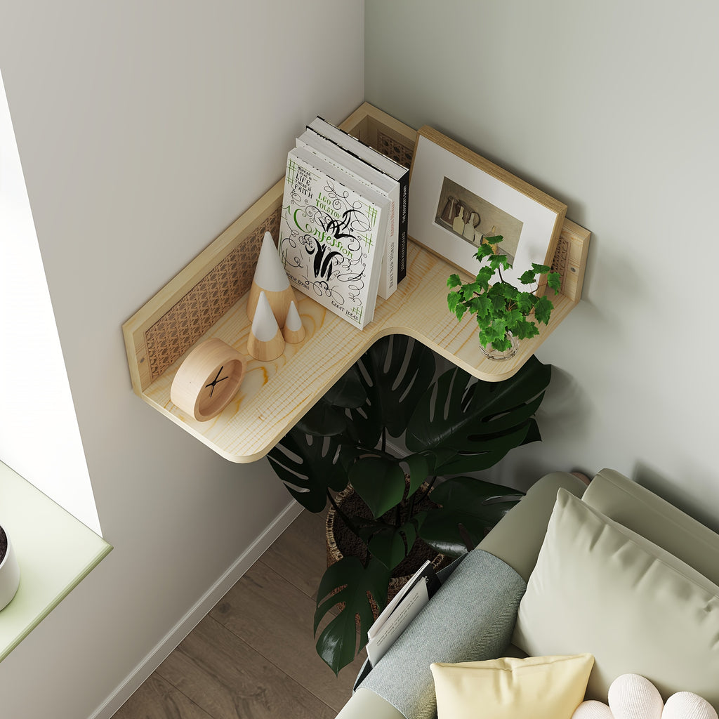 Corner Floating Shelves Made of Natural Pine Wood And Rattan, Perfect for a Bohemian-Style Bookshelf. This Wall-Mounted Wicker Corner Shelf Is Ideal for Your Bedroom, Bathroom, Or Living Room