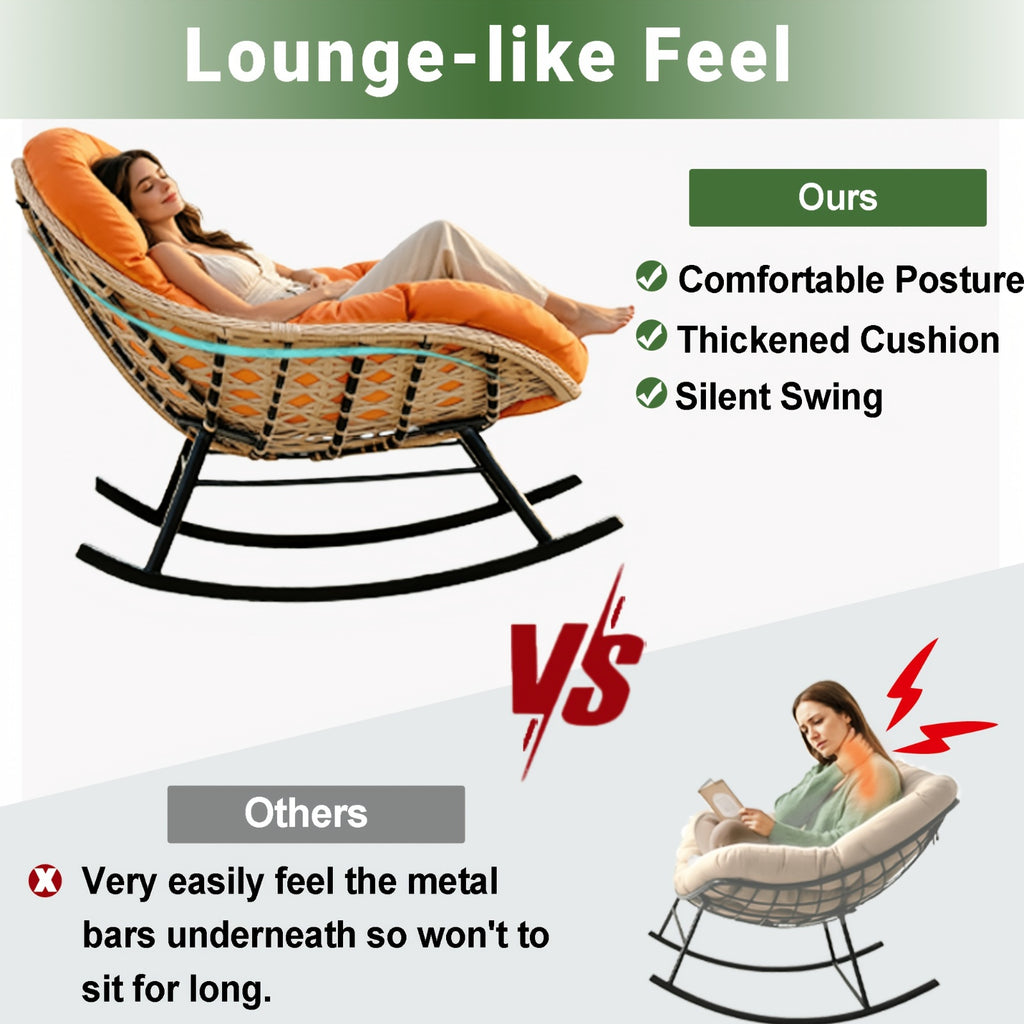 Papasan Full Rattan Rocking Chair with Sponge Cushion for Outdoor, Oversized Garden Patio Comfy Lounge Wicker Rocker Chair