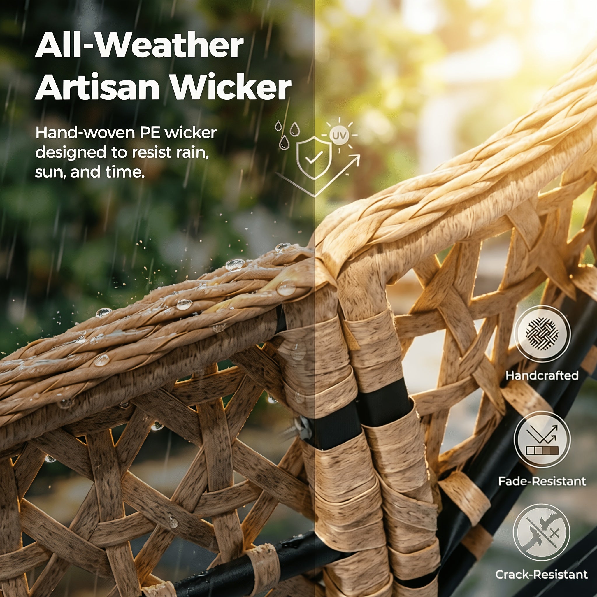 Papasan Full Rattan Rocking Chair with Sponge Cushion for Outdoor, Oversized Garden Patio Comfy Lounge Wicker Rocker Chair