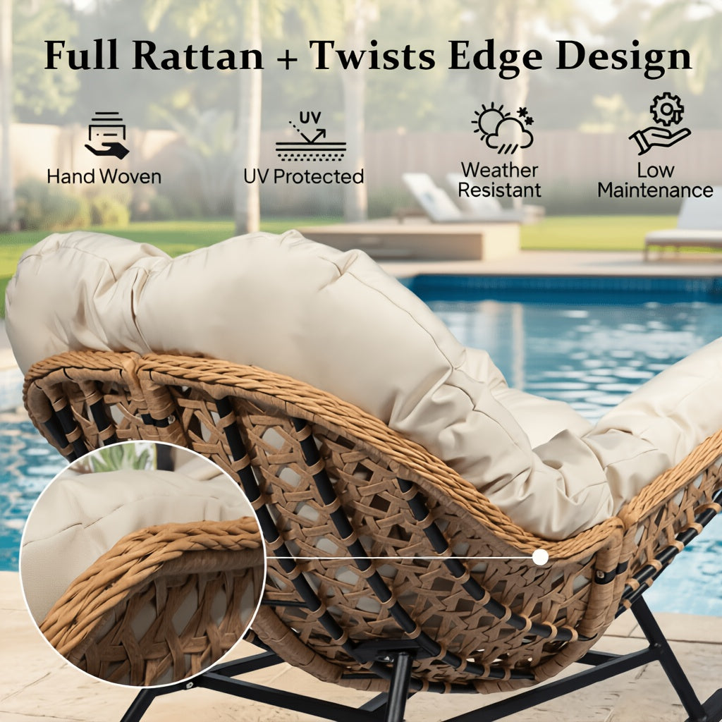 Papasan Full Rattan Rocking Chair with Sponge Cushion for Outdoor, Oversized Garden Patio Comfy Lounge Wicker Rocker Chair