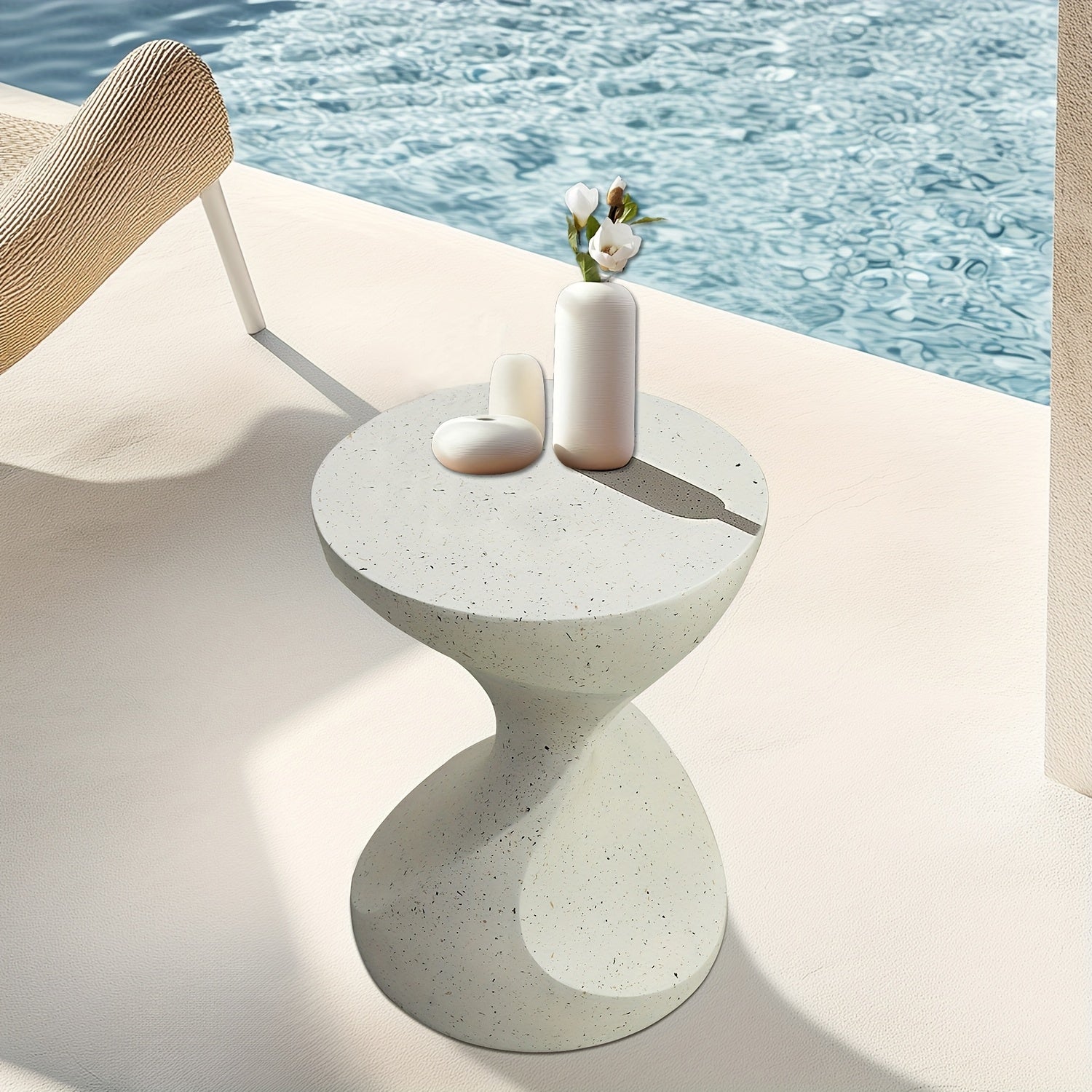 AESOME Hourglass Outdoor Side Table with Artificial Tabletop & Powder-Coated Frame - Portable Round Concrete Accent Table Suitable for Patio, Balcony, Pool, Garden, \u002FOutdoor Use, Modern Hourglass End Table for Coffee Table