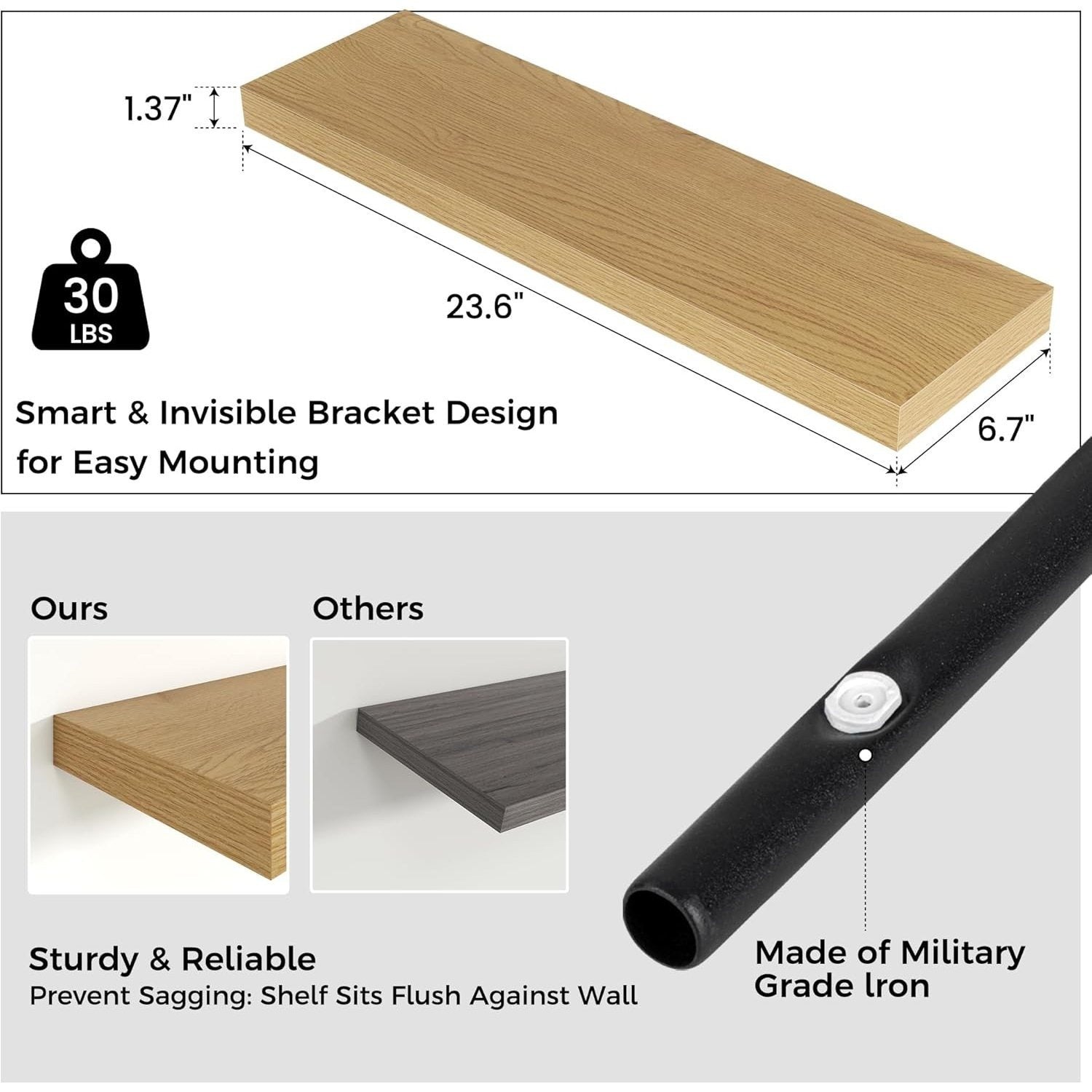 A 24-inch Wide X 6.7-inch Deep X 1.37-inch High Wall-mounted Shelf with an Invisible Bracket Made of Solid Wood Composite Material. Suitable for Decoration and Storage in Living Rooms, Bedrooms, Bathrooms, Offices and Kitchens. Available in Three Col