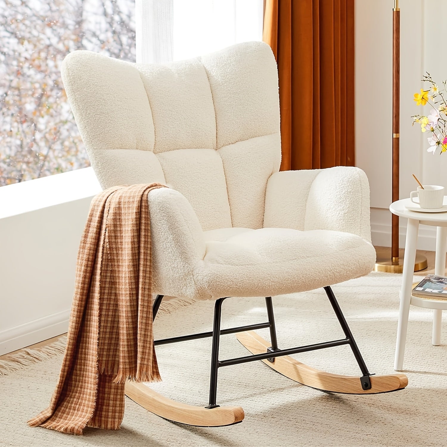 Teddy Upholstered Rocking Chair, Comfy Glider Rocker with High Backrest& Padded Seat, Soft Armchair with Plush Teddy Fabric, Accent Side Chair for Living Room, Bedroom, Office& Small Spaces Indoor