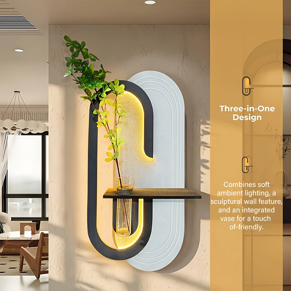 Hand-polished Textured LED Wall Art, Integrated with a Shelf and Vase | Exclusive Design Crafted Specifically for Art-modern Style Interior Design | Minimalist LED Wall Sculpture with a Floating Planter Shelf | Unique Geometric Decor That Elevates