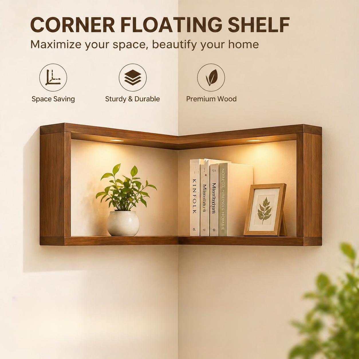 Corner Storage Rack, a Floating Storage Rack That Brightens Up The Corner of The Space, Wooden Wall-Mounted Corner Display Rack, Space-Saving Set, Available in Multiple Sizes (3pcs Set Or Single Piece Without Lights)