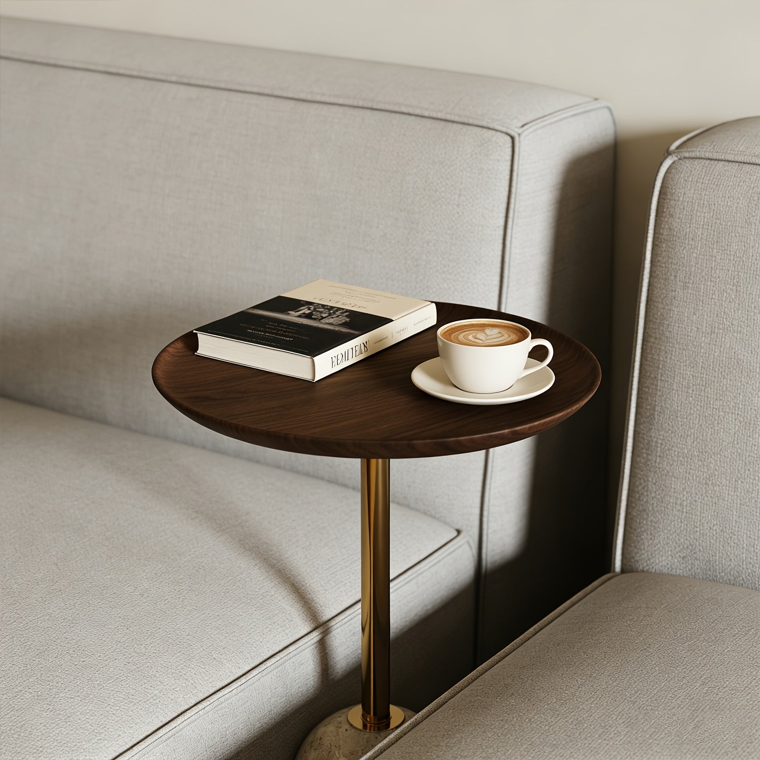 Tea Tables Modern Marble Base Side Table with Golden Metal Stem, Round Walnut Tray End Table for Living Room Bedroom Applicable to Coffee Tables And Tea Tables