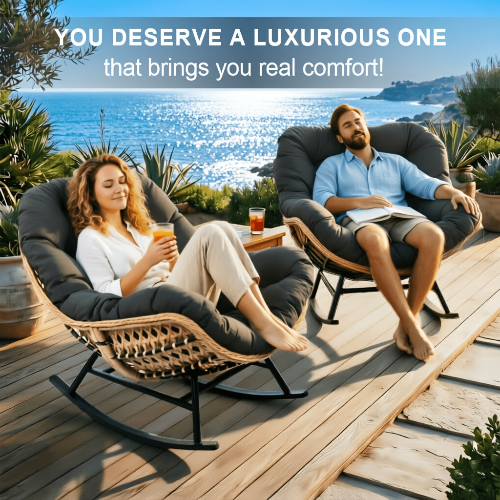Papasan Full Rattan Rocking Chair with Sponge Cushion for Outdoor, Oversized Garden Patio Comfy Lounge Wicker Rocker Chair