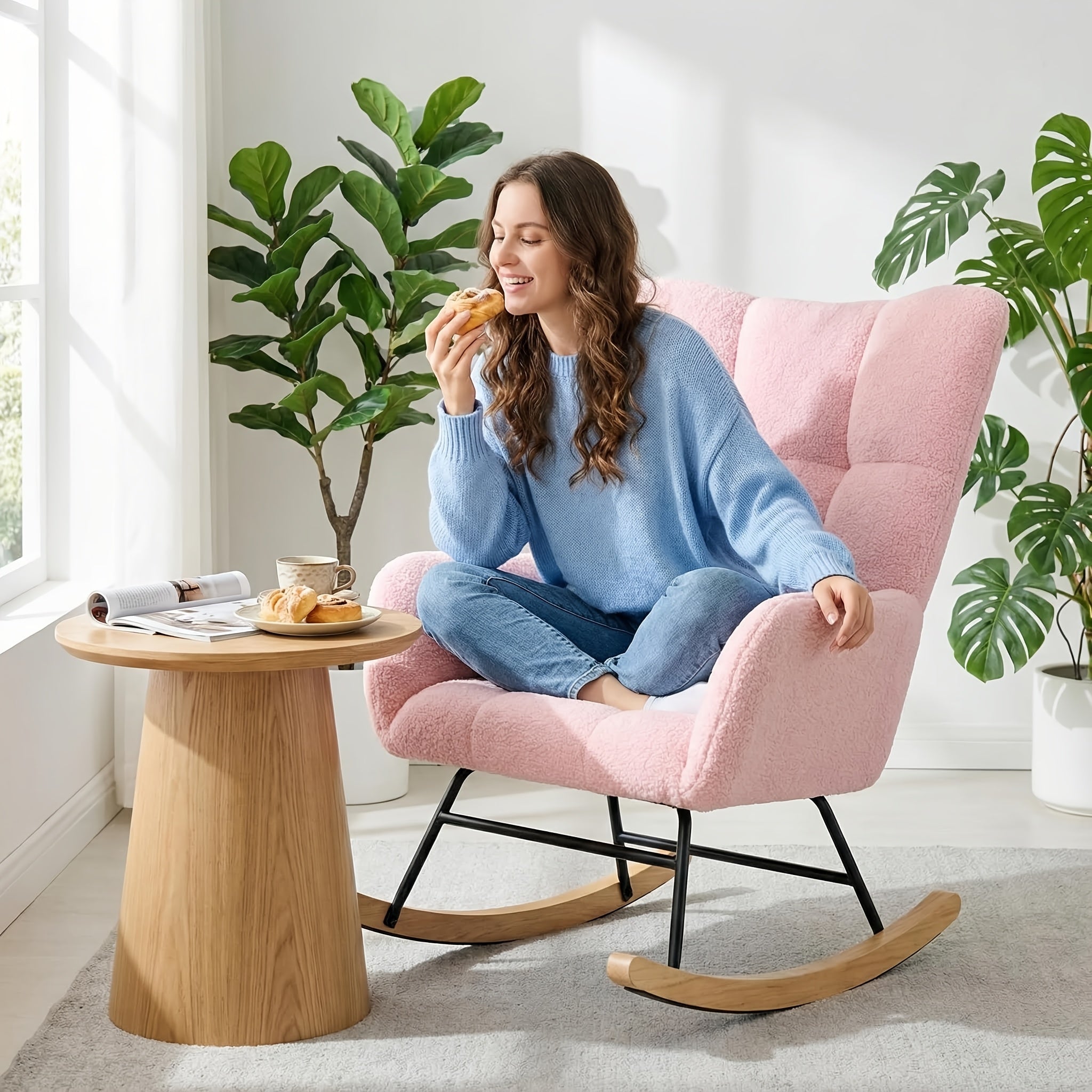 Teddy Upholstered Rocking Chair, Comfy Glider Rocker with High Backrest& Padded Seat, Soft Armchair with Plush Teddy Fabric, Accent Side Chair for Living Room, Bedroom, Office& Small Spaces Indoor