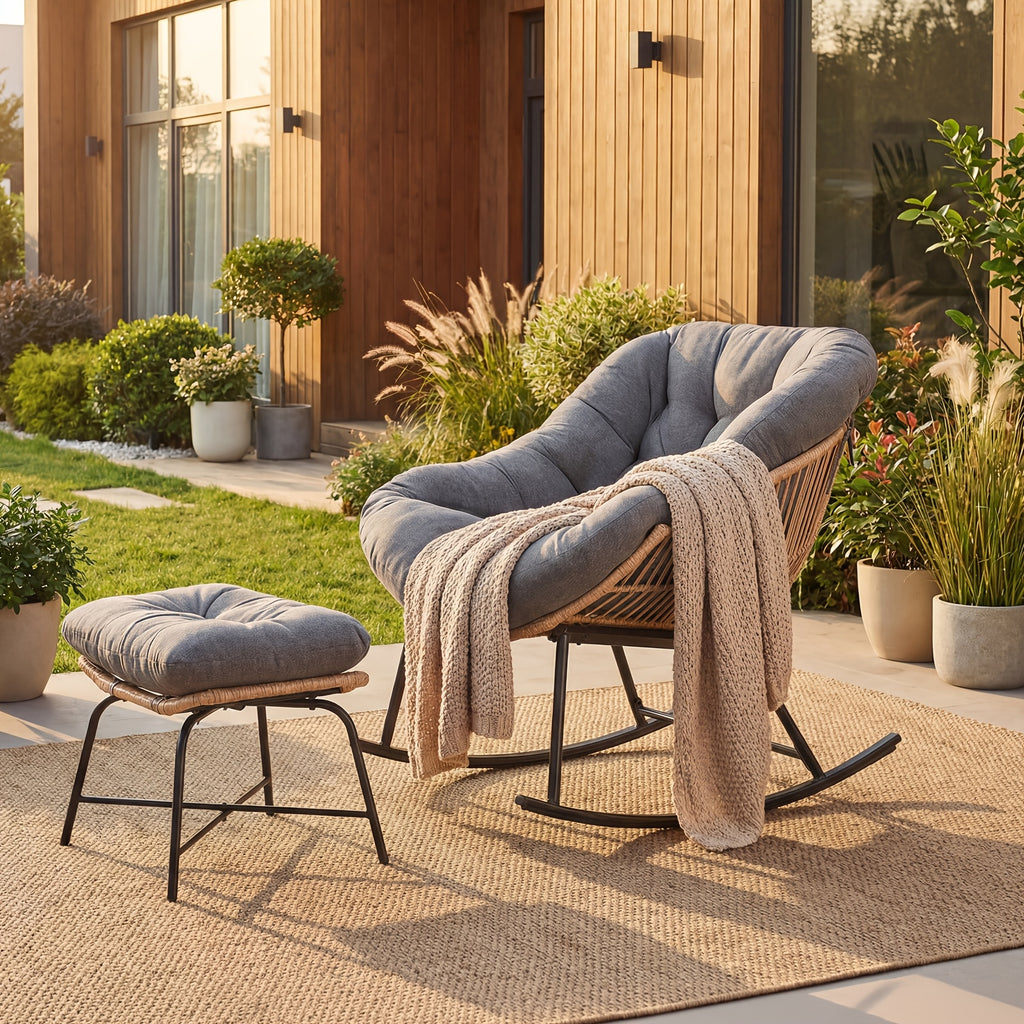 Oversized Papasan Rocking Chair with Footstool, Outdoor Patio Cushioned Lounge Chair for Decks, Gardens, Patios, And Camping. Outdoor Patio Furniture. Chair Supports 400 Lbs, Footstool Supports 220 Lbs. Outdoor Patio Furniture