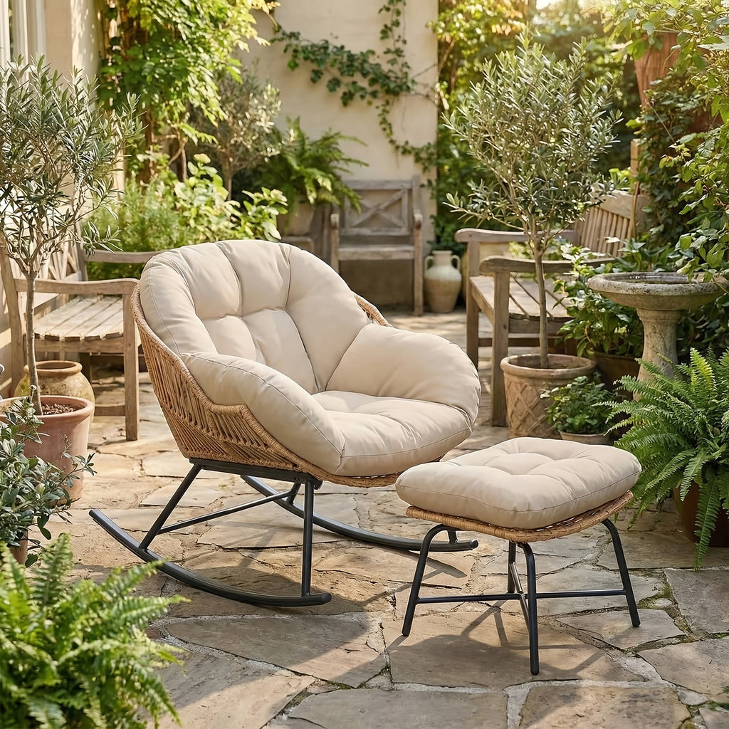 Oversized Papasan Rocking Chair with Footstool, Outdoor Patio Cushioned Lounge Chair for Decks, Gardens, Patios, And Camping. Outdoor Patio Furniture. Chair Supports 400 Lbs, Footstool Supports 220 Lbs. Outdoor Patio Furniture