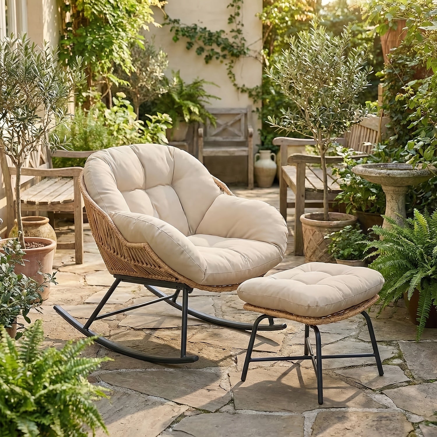 Oversized Papasan Rocking Chair with Footstool, Outdoor Patio Cushioned Lounge Chair for Decks, Gardens, Patios, And Camping. Outdoor Patio Furniture. Chair Supports 400 Lbs, Footstool Supports 220 Lbs. Outdoor Patio Furniture